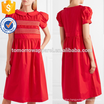 Embroidered Shirred Short Sleeve Red Cotton Midi Summer Dress Manufacture Wholesale Fashion Women Apparel (TA0257D)